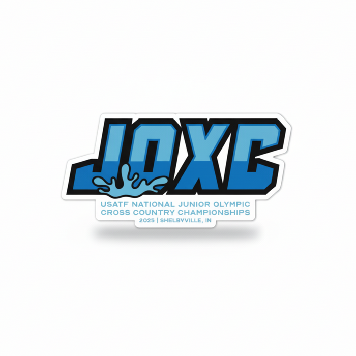 Sticker for USATF National Junior Olympic Cross Country Championships with blue and black text on a white background