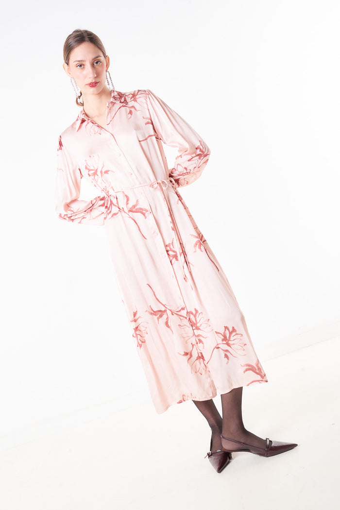 Abstract floral printed shirt dress with waist tie belt wholesale