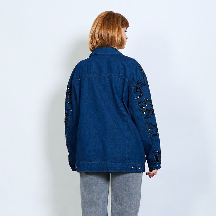 Abstract sequin embroidered denim jacket wholesale