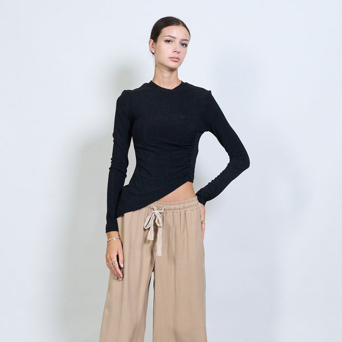 Asymmetric ruched glitter long sleeve top wholesale