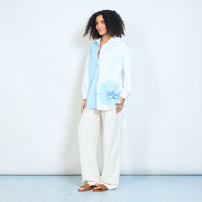 Asymmetric striped panel oversized shirt with 3D flower detail wholesale