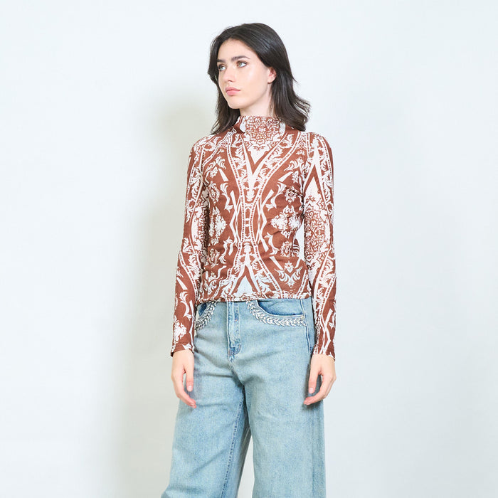 Baroque print sheer blouse wholesale
