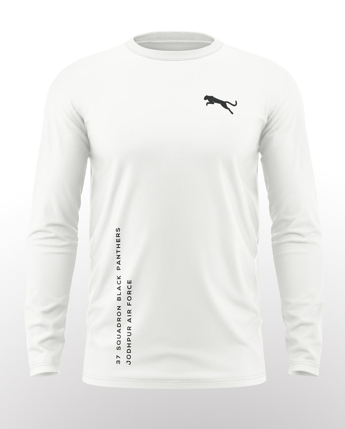 White full sleeve men's t-shirt with black panther graphic and military text print