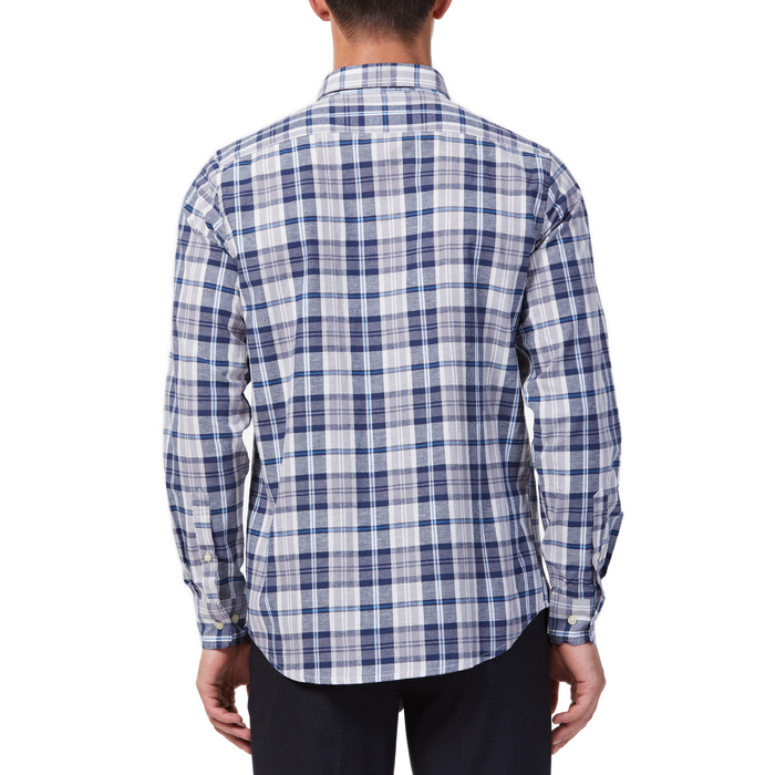 Men's blue and white plaid patterned, long sleeve button up shirt with a pointed collar on a model. Image is cropped to the torso and a back view of the shirt