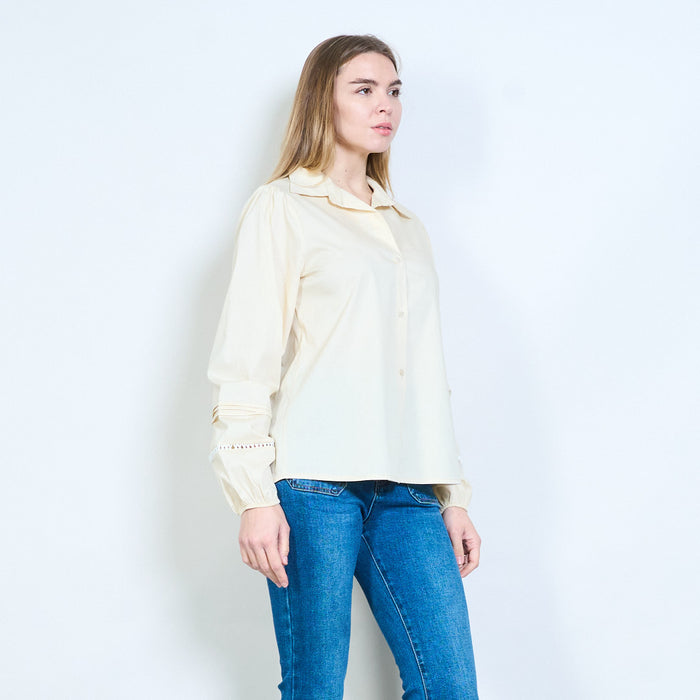 Button-front classic collar long sleeve blouse with decorative trim detail wholesale