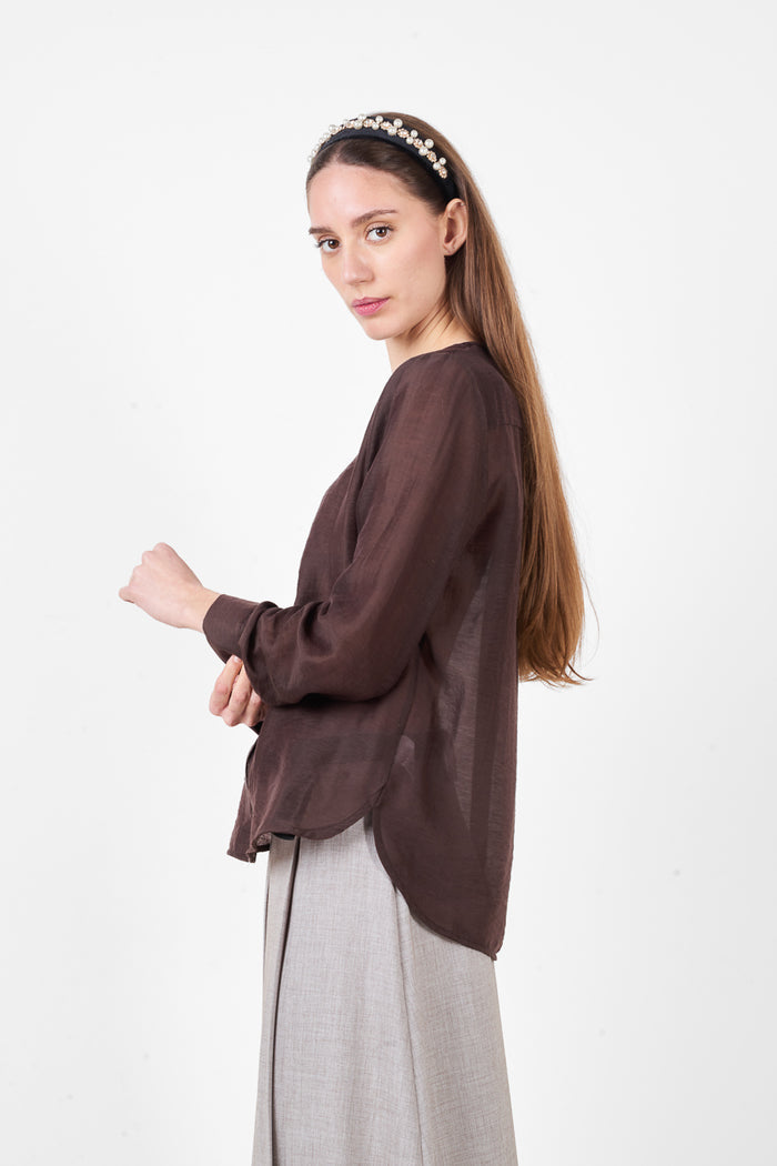 Button front round neckline long sleeve relaxed fit lightweight shirt wholesale