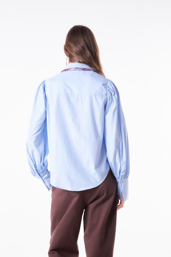 Classic button front blouse with puff sleeves and wide cuff detail wholesale