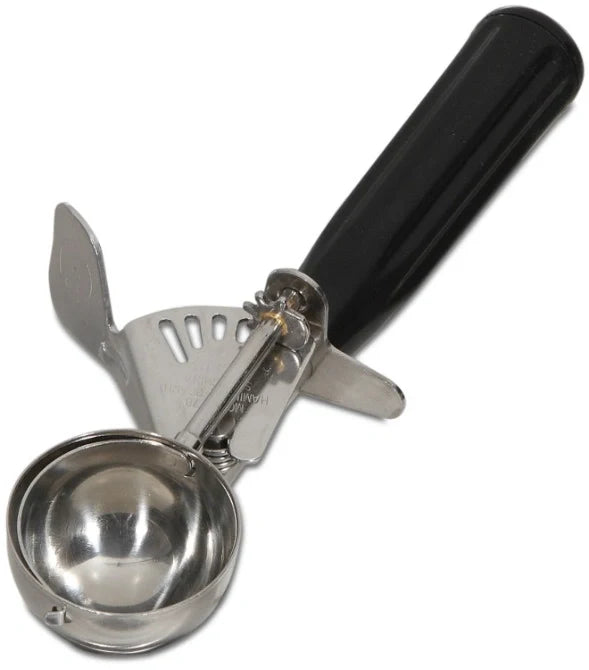 Metallic ice cream scoop with black handle on a white background
