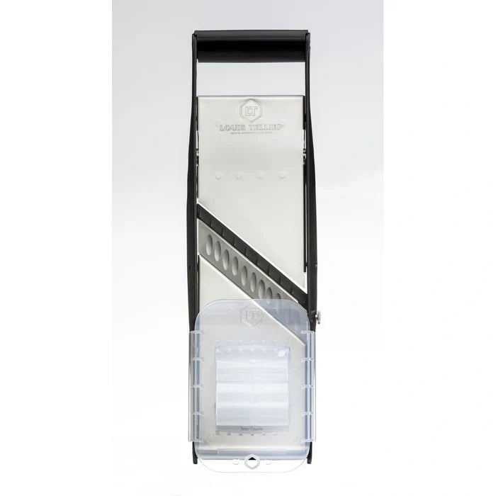 Tall rectangular metal Mandolin Blade with a clear plastic safety component on a white background