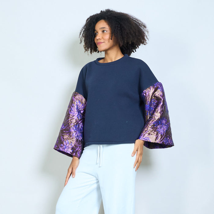 Contrast jacquard floral bell sleeve soft knit sweatshirt wholesale