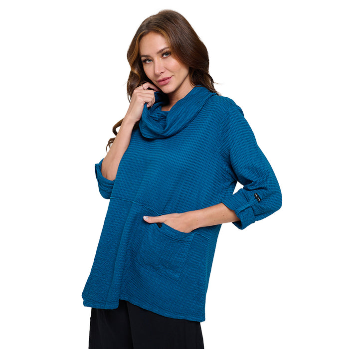 Cowl Neck Waffle Tunic in Deep Sea- FW124-DS - Size XS Only!