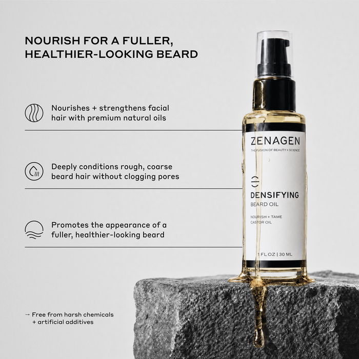 Zenagen Densifying Beard Oil nourishing facial hair with natural oils for a fuller, healthier-looking beard and softer beard texture.
