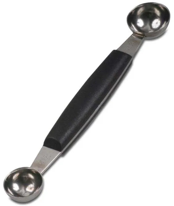 A double melon baller with black plastic handle and stainless steel scoops of two different sizes.