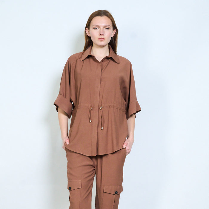 Drawstring waist short sleeve shirt blouse wholesale
