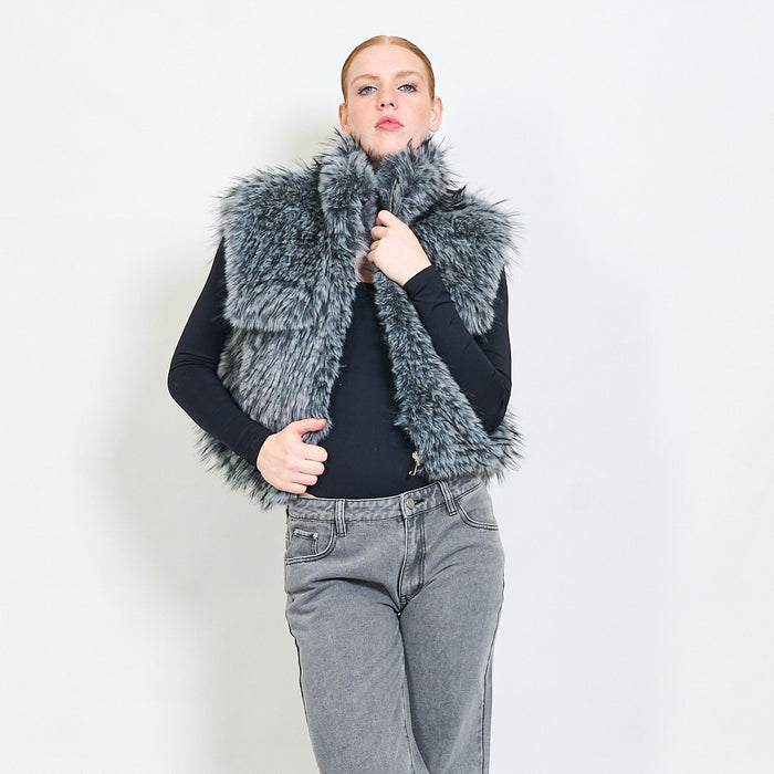 Elegant long-hair faux fur zip vest wholesale