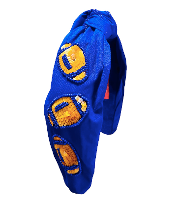 Embellished Blue with Sequin Orange Footballs Knotted Headband