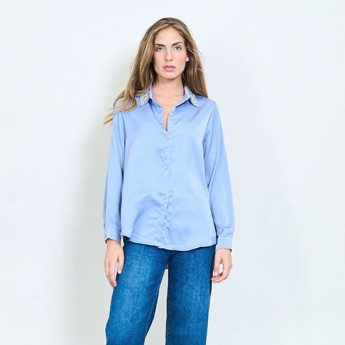Embellished crystal collar button-down satin effect shirt wholesale
