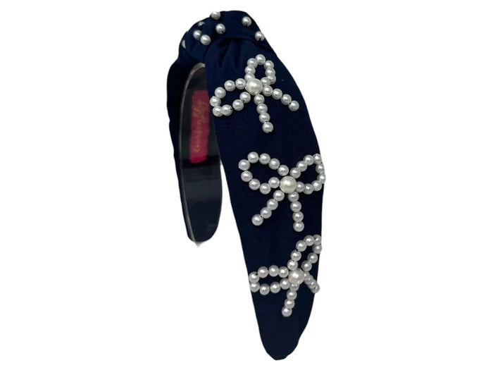 Embellished Pearl Bow Navy Knotted Headband