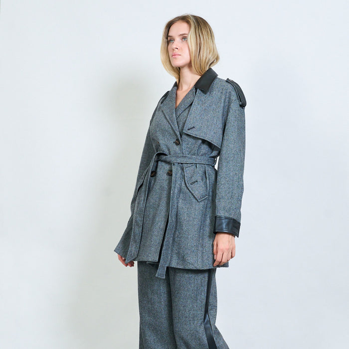 Faux leather trim belted trench coat wholesale