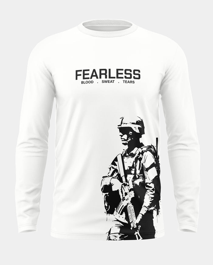 White full sleeve t-shirt featuring 'FEARLESS Blood Sweat Tears' text and soldier graphic print