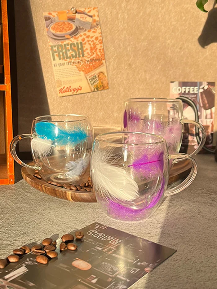 Feather filled double-layer glass cup