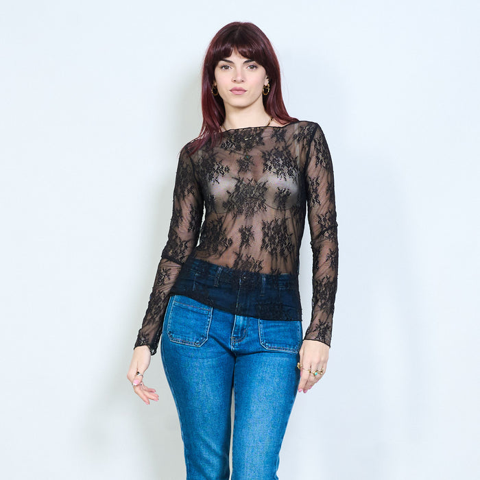 Floral lace sheer fitted long sleeve top wholesale
