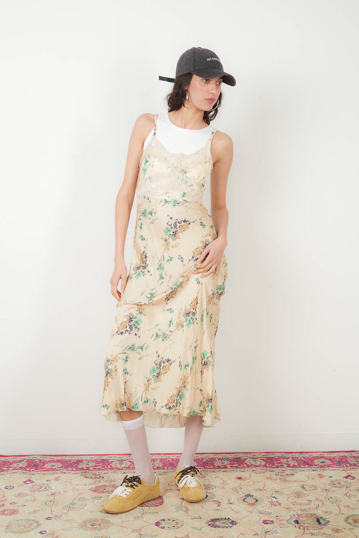 Floral lace trim satin slip midi dress wholesale