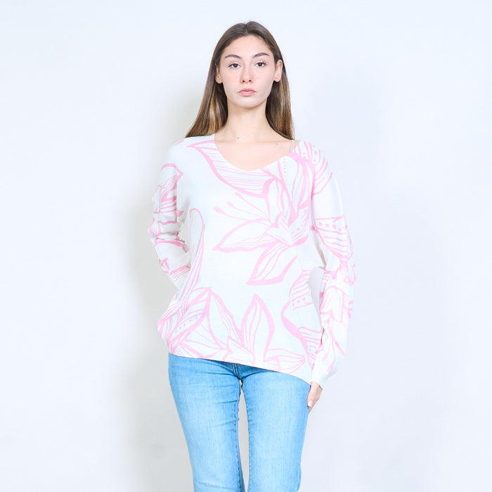 Floral line art botanical leaf graphic crewneck knit sweater wholesale