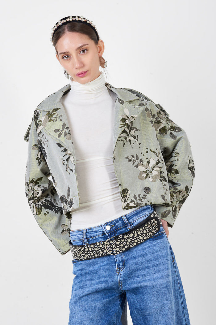Floral print cropped jacket with lapel collar button front and relaxed fit wholesale