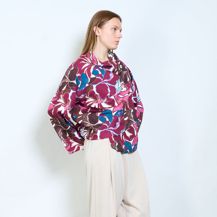 Floral printed draped neckline long sleeve top wholesale