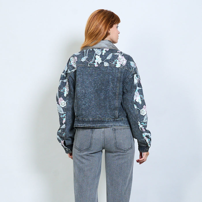 Floral sequin embroidered denim jacket with contrast collar wholesale