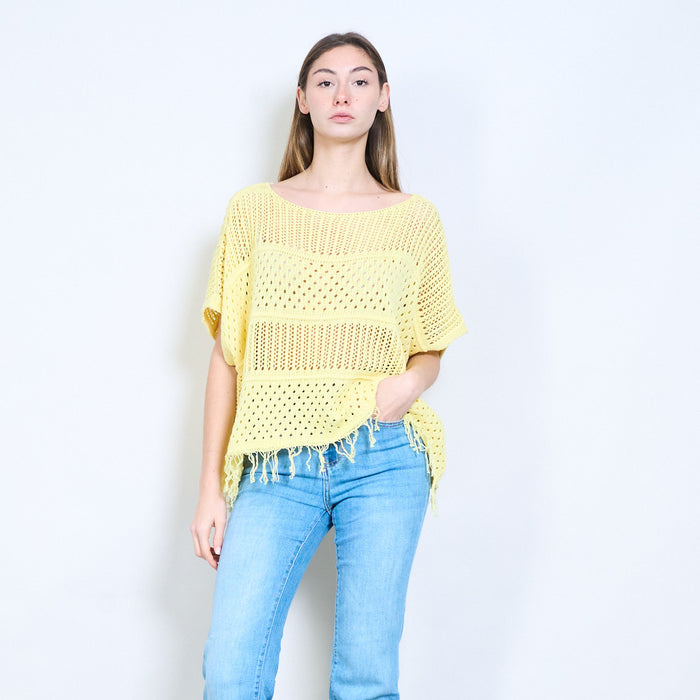 Fringe hem open knit crochet stitch batwing sweater wholesale
