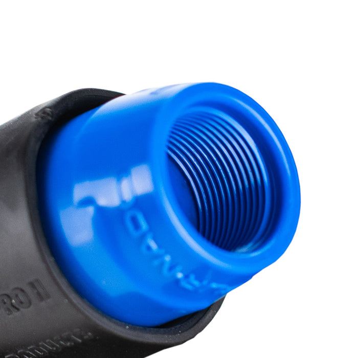 Close-up of a blue threaded fitting of Buff Brite Furnado on a white background
