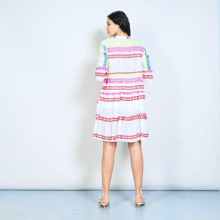 Geometric tribal stripe print v-neck tiered midi dress wholesale