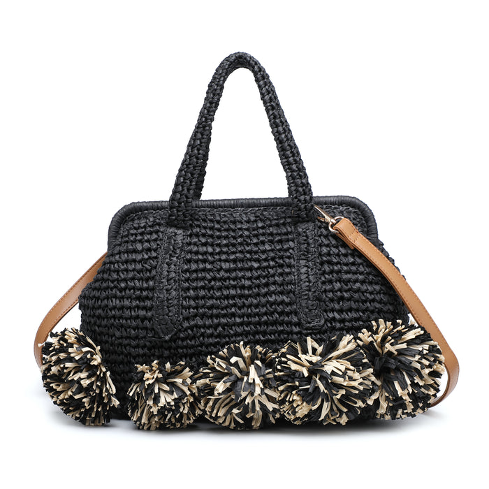 Handwoven tote bag with pompom trim wholesale