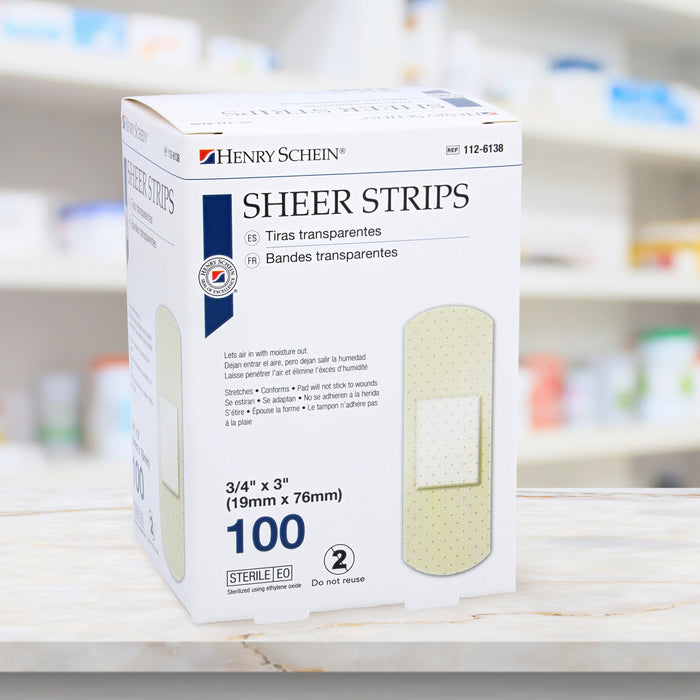 Henry Schein Adhesive Sheer Bandage Strips, 3/4" x 3", Sterile, Box of 100 Bandages