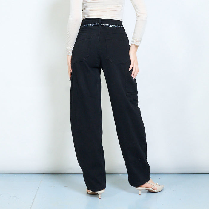 High-rise tapered denim jeans with printed scarf belt wholesale