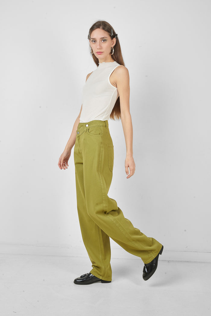 High waist asymmetric button wide leg trousers wholesale