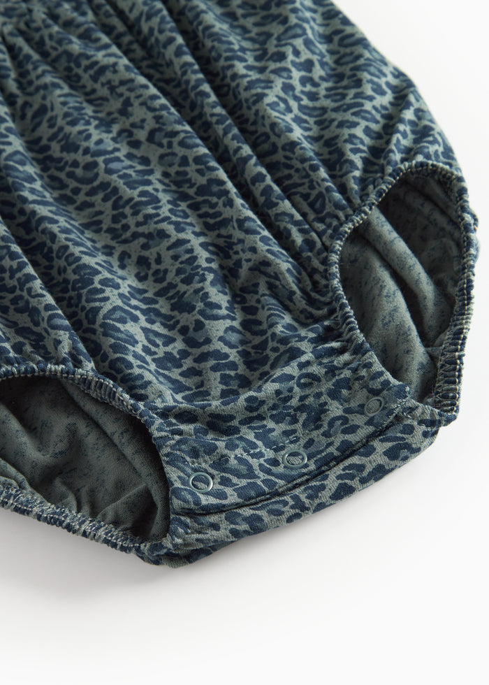 Green leopard print baby bodysuit with long sleeves and ruffles