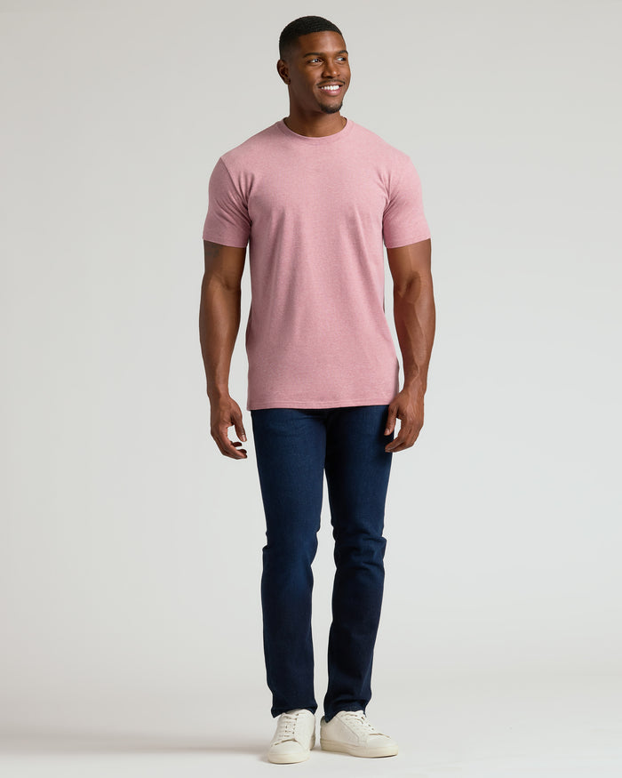Man models Light Heather Boysenberry Tall Straight Hem Crew Neck T-Shirt.