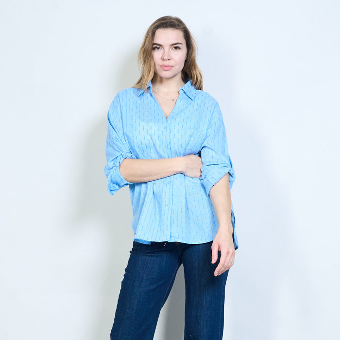 Linear dash patterned roll sleeve button shirt wholesale