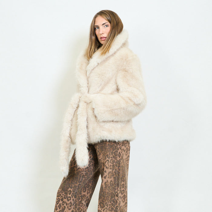 Long-hair faux fur coat with wide lapel collar and belt loops wholesale