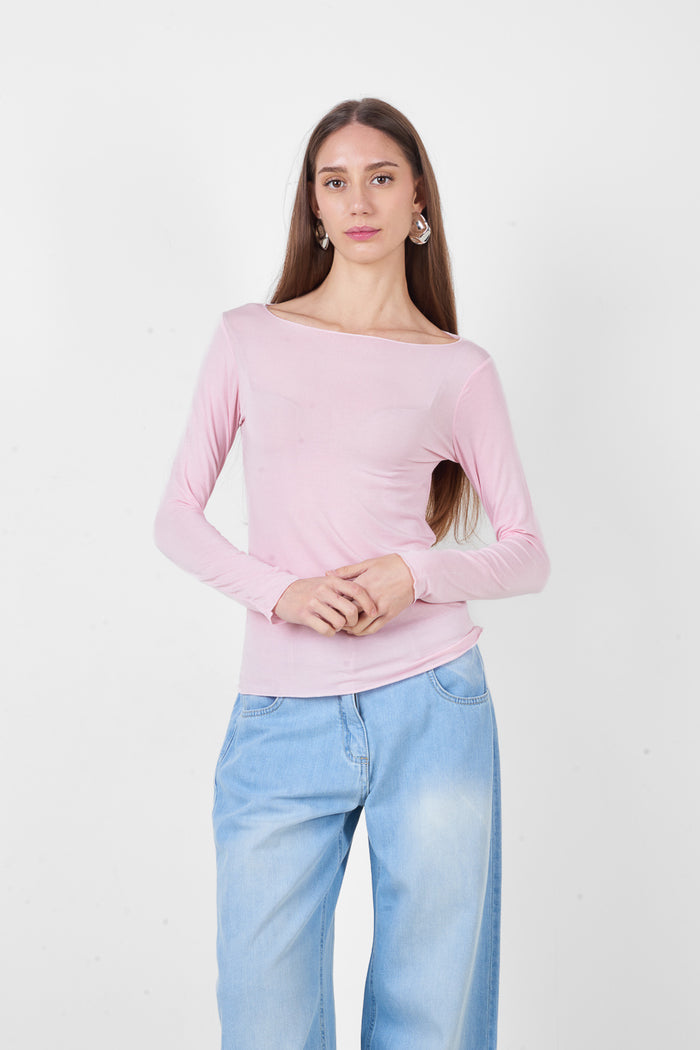 Long sleeve boat neck fitted minimalist top wholesale