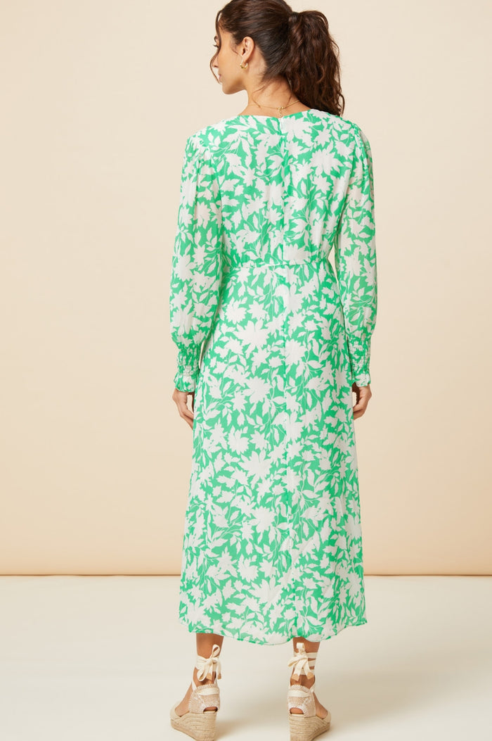 Long Sleeve Sally Anne Dress | Clematis Vines Green/Ivory - Aspiga