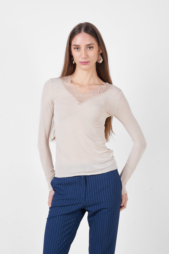 Long sleeve v-neck lace trim fitted elegant top wholesale