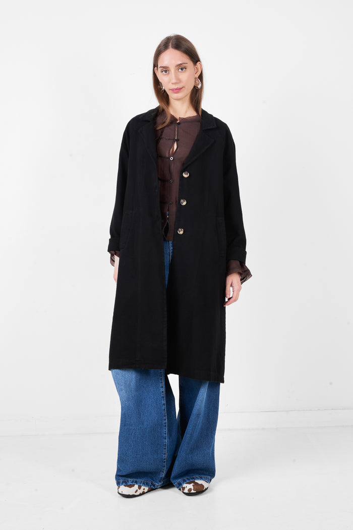Longline button front coat with classic lapel collar and relaxed fit wholesale