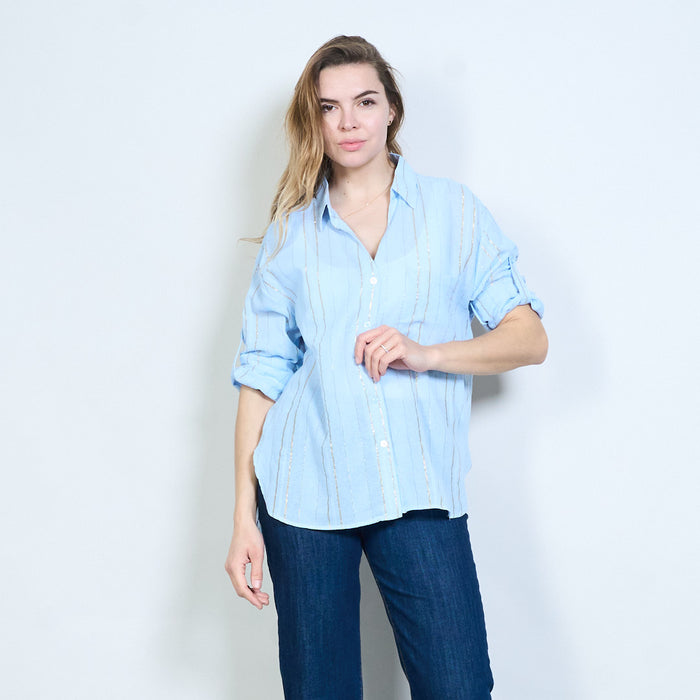 Metallic striped classic collar roll sleeve shirt wholesale