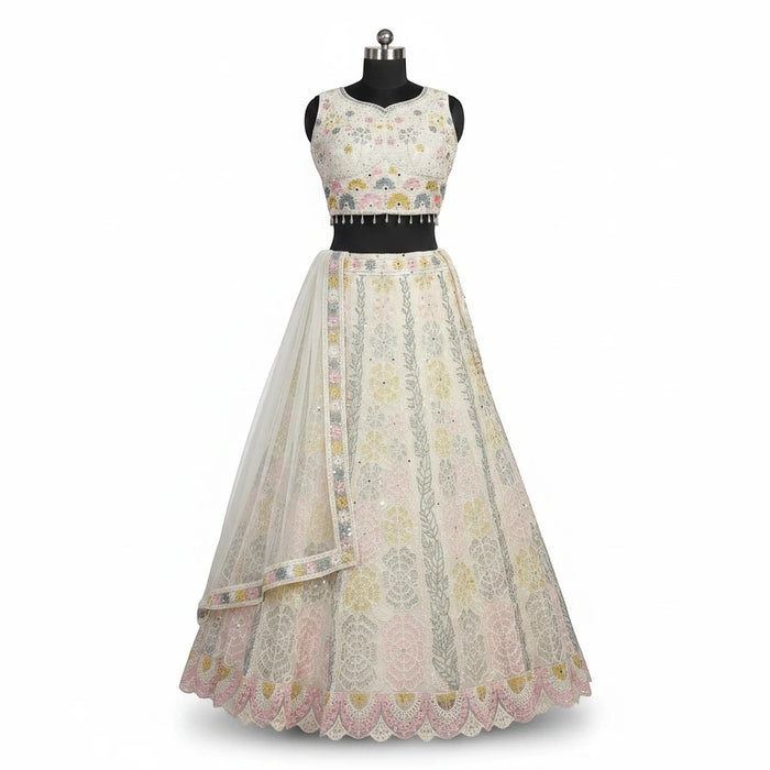 Kurti Connection USA off white lehenga choli with intricate pastel floral embroidery and scalloped hem detail