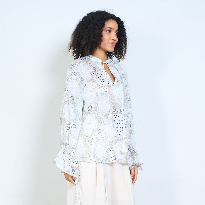 Paisley bandana graphic tassel tie neck long sleeve blouse wholesale