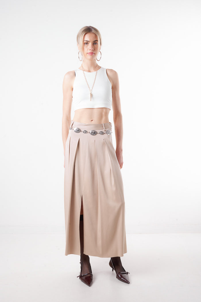 Pleated front long skirt with center slit wholesale